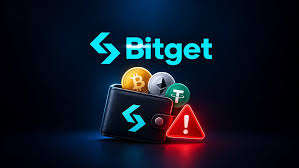 A promotional graphic for 'Bitget' cryptocurrency exchange featuring its logo, a Bitcoin, and a warning sign.