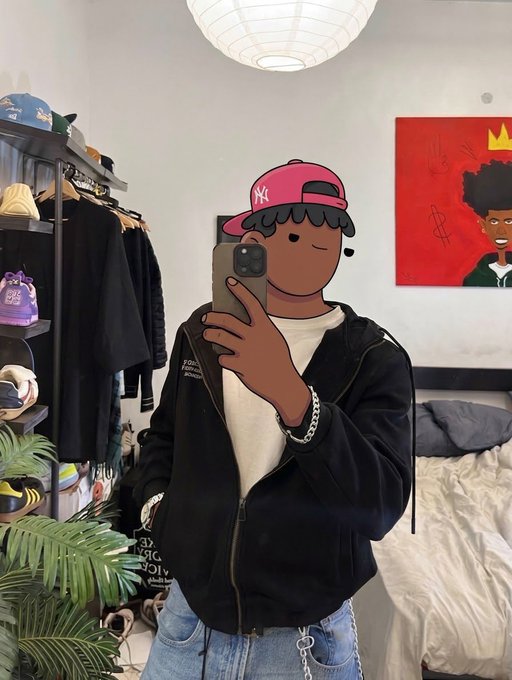 A mirror selfie of a person wearing a cartoon face filter, a pink NY Yankees cap, a black zip-up hoodie, and jeans, standing in a bedroom with a clothing rack of hats and a red artwork on the wall.