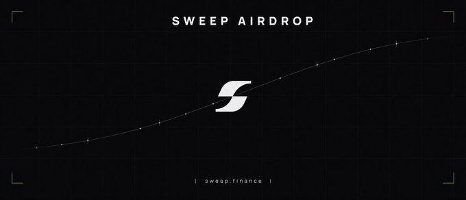 A sleek dark promotional graphic featuring the text "SWEEP AIRDROP" at the top with "sweep.finance" at the bottom, centered around a stylized "S" logo and an upward-curving trajectory line, aligning with the $300 $SWEEP giveaway announcement by @SweepGlobal.