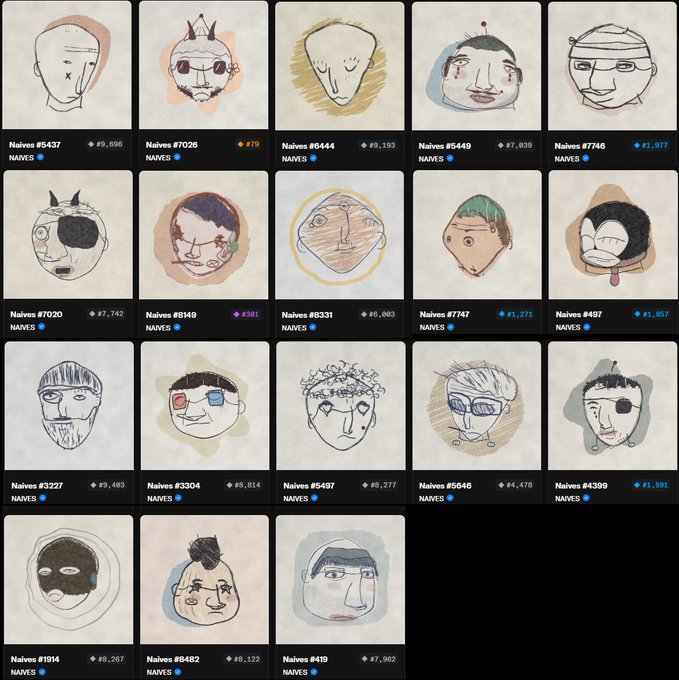 A grid of 18 quirky hand-drawn digital avatar illustrations labeled "NAIVES" displays various stylized faces with creative features, each tagged with a Naives number and an associated value (e.g., Naives #5437 valued at #9,696).