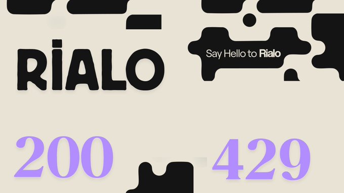 A graphic design featuring 'Rialo' branding with the text 'Say Hello to Rialo' and large purple numbers '200' and '429' on a cream background.