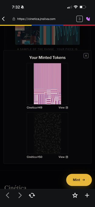A mobile screenshot from cinetica.jnsilva.com showing 'Your Minted Tokens' with Cinetica #49 and Cinetica #50 displayed, and a Mint button at the bottom.