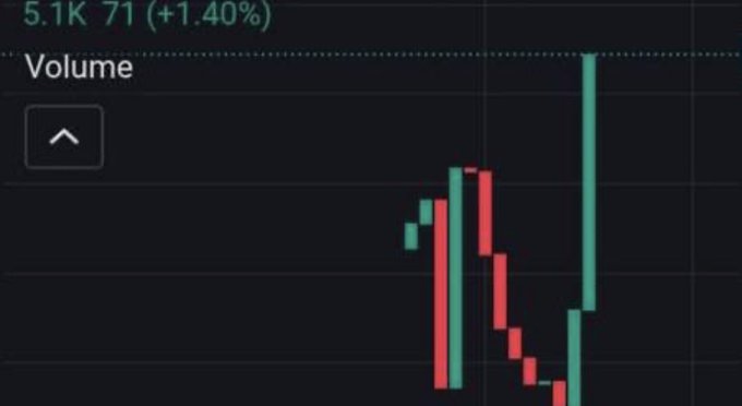 A volume chart from a trading platform shows a stock or token priced at 5.1K with a 1.40% gain, featuring a spike of activity followed by a sharp decline in trading volume. The image illustrates the volatile trading behavior typical of low-market-cap assets, hinting at the high-risk, high-reward nature of finding a meme coin capable of explosive short-term growth.