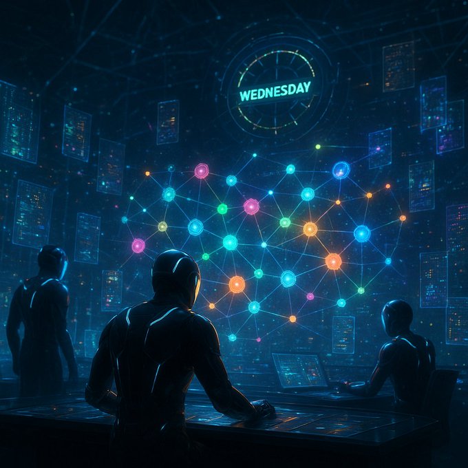 A futuristic sci-fi scene showing figures in helmets observing a large holographic network of interconnected colorful nodes with 'WEDNESDAY' displayed above.