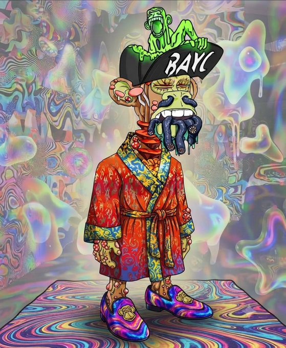 A colorful, psychedelic illustration of a cartoonish figure wearing an ornate red and gold robe, with a BAYC-style monkey emerging from their hat that says 'BAYC'.