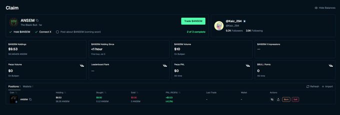 The image shows a "Claim" dashboard on BullpenFi for the $ANSEM token, displaying the user's holding ($0.53) and staking status, along with a leaderboard rank and eligibility for the airdrop campaign. It visually supports the post's message by illustrating how BullpenFi links wallets to X accounts to track and distribute token rewards to verified holders and contributors.
