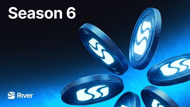Promotional graphic reading 'Season 6' featuring floating blue Sui-branded coins with the River logo in the corner.
