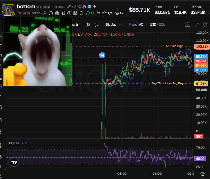 The image shows a TradingView chart for the "$bottom" memecoin (CA 6Fjp...bpump) displaying a price of $85.71K with -1.48% decline, alongside a shocked "Screaming Cat" reaction meme highlighting the asset's sharp price crash after hitting its all-time high of $103.31K, supporting the post's warning that it's a bundled scam.