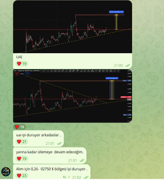 A Telegram chat screenshot shows trading analysis posts about $UAI stock, with price charts displaying resistance levels around $0.55-$0.62, alongside Turkish-language commentary ("İyi duruyor arkadaşlar," "Yarına kadar izlemeye devam edeceğim") celebrating the successful 2x return as the stock approaches its target price.