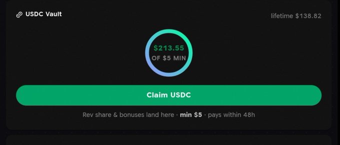 A USDC Vault interface shows a current balance of $213.55 (of a $5 minimum threshold) with a lifetime total of $138.82 and a prominent "Claim USDC" button, though the post notes the user is letting their accumulated fees grow to $1K before claiming.