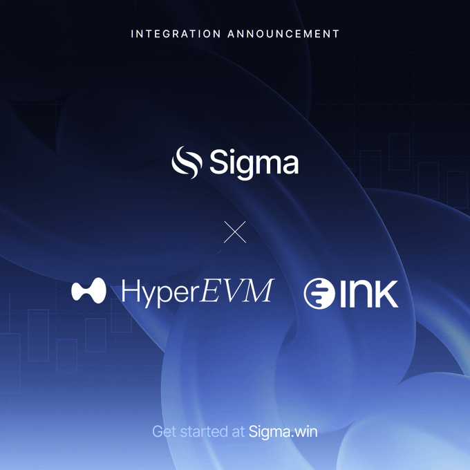 An 'INTEGRATION ANNOUNCEMENT' graphic for Sigma partnering with HyperEVM and Ink, with the tagline 'Get started at Sigma.win' on a blue swirling background.