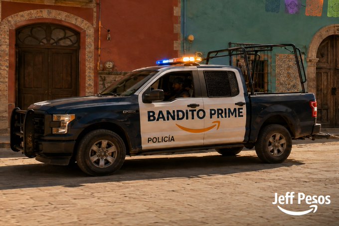 A police pickup truck labeled 'BANDITO PRIME POLICIA' with emergency lights parked on a cobblestone street, with a 'Jeff Pesos' watermark in the corner.