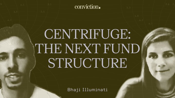 A graphic with a dark olive background featuring the text 'CENTRIFUGE: THE NEXT FUND STRUCTURE' with 'conviction.' at the top and 'Bhaji Illuminati' at the bottom, flanked by faded portraits of a man and a woman.