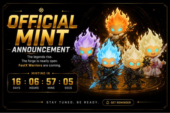 An "Official Mint Announcement" poster for "FastX Warriors" shows five flame-headed warrior characters in various color schemes (orange, purple, blue, white) with a countdown timer reading 16 days, 6 hours, 57 minutes, and 5 seconds until minting begins, alongside a "Set Reminder" button. The image promotes the upcoming free mint of 5,000 NFTs on Robinhood Chain, emphasizing the trading utility and TGE allocation benefits highlighted in the accompanying post.