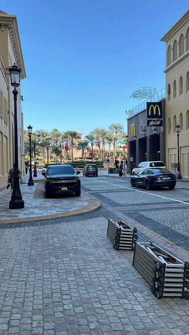A street view shows a McDonald's restaurant sign alongside a road with cars, palm trees, and decorative street lamps.