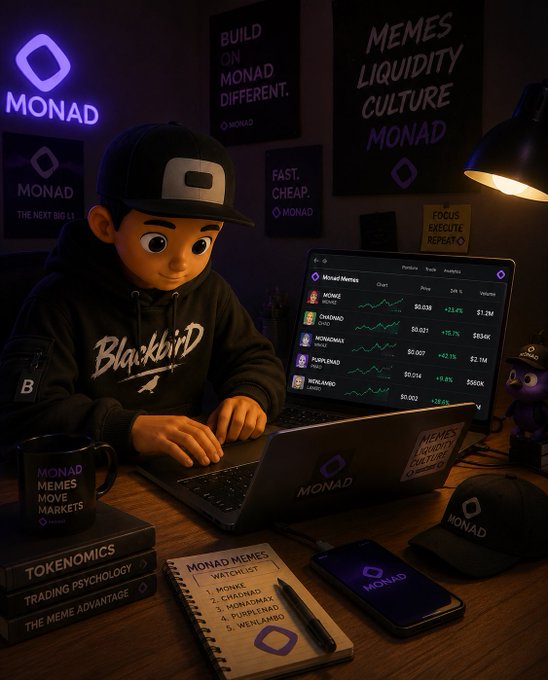An illustrated character wearing a Blackbird hoodie and cap sits at a desk with a laptop displaying the Monad Meme ecosystem, surrounded by Monad merchandise including mugs, hats, and books like 'Tokenomics' and 'Trading Psychology.'