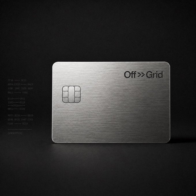 A sleek brushed metal card with an embedded chip sits against a dark background, branded "Off >> Grid" in the upper right corner, with faint encoded text/numbers visible along the left edge—visually representing the premium, anonymous no-KYC crypto card advertised in the post.