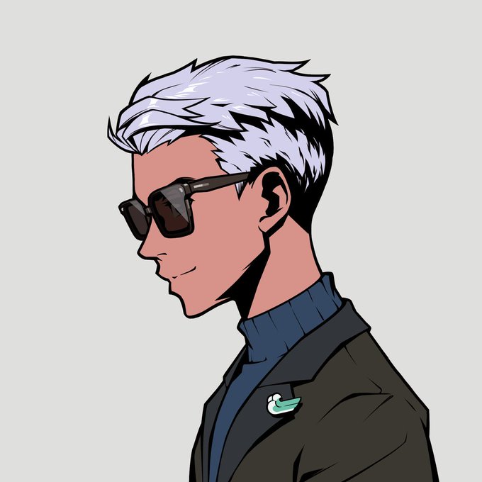 A digital illustration in side profile of a man with white hair and dark sunglasses, wearing a dark blazer over a blue ribbed turtleneck with a small green pin.