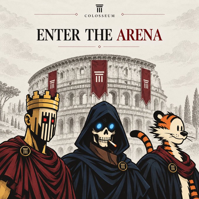 A promotional graphic titled "ENTER THE ARENA" features three hooded characters—a crowned figure with a barred helmet, a smoking skeleton, and a tiger—standing before the Roman Colosseum under the "COLOSSEUM" logo, announcing an upcoming livestream event hosted by cofounders MattyTay, Crabbylions, and N8Levine at 10am PDT.