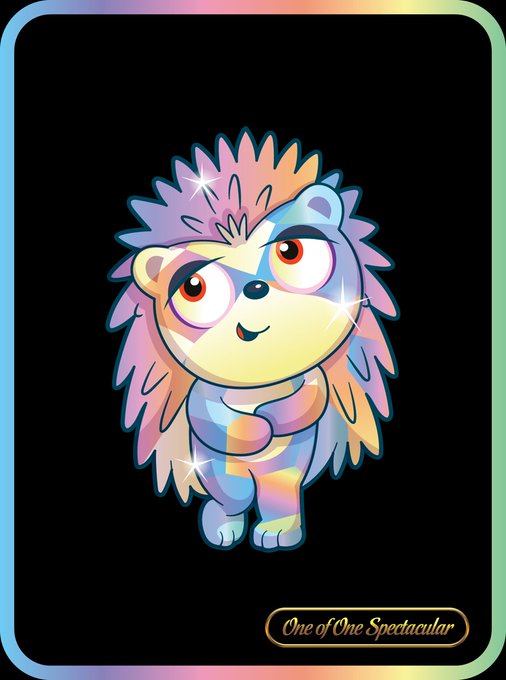 A holographic/iridescent digital art card featuring a cartoon hedgehog character on a black background with the text 'One of One Spectacular' at the bottom.