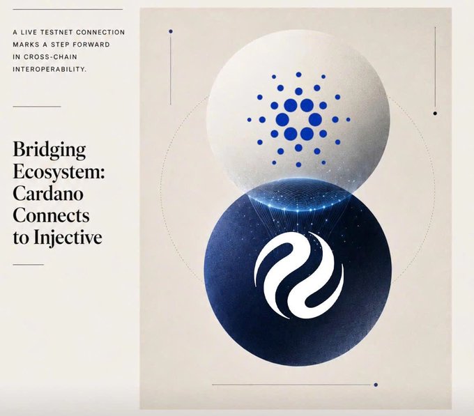 An infographic titled 'Bridging Ecosystem: Cardano Connects to Injective' announcing a live testnet connection, displayed alongside the Cardano and Injective logos.
