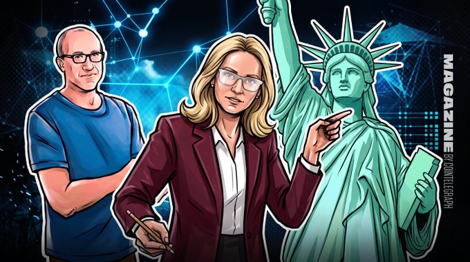 The image is a CoinTelegraph magazine cover featuring a bald man, a woman in a blazer, and the Statue of Liberty against a digital network backdrop, with the vertical text “MAGAZINE BY COINTELEGRAPH.” It visually frames a financial commentary that aligns with the post’s argument that Bitcoin acted as a risk asset rather than a safe‑haven during the crisis.
