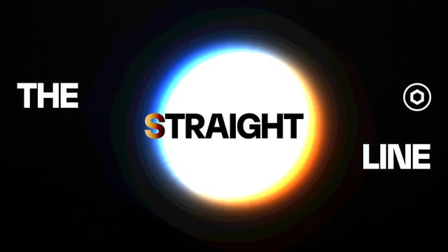The image features a logo with the words "THE straight line" written above a large circle, which appears to be a sunburst or a light bulb effect. The background of the image is black, making the white text stand out prominently. The caption below the image suggests that there are no business hours for this service and implies that it's available 24/7.