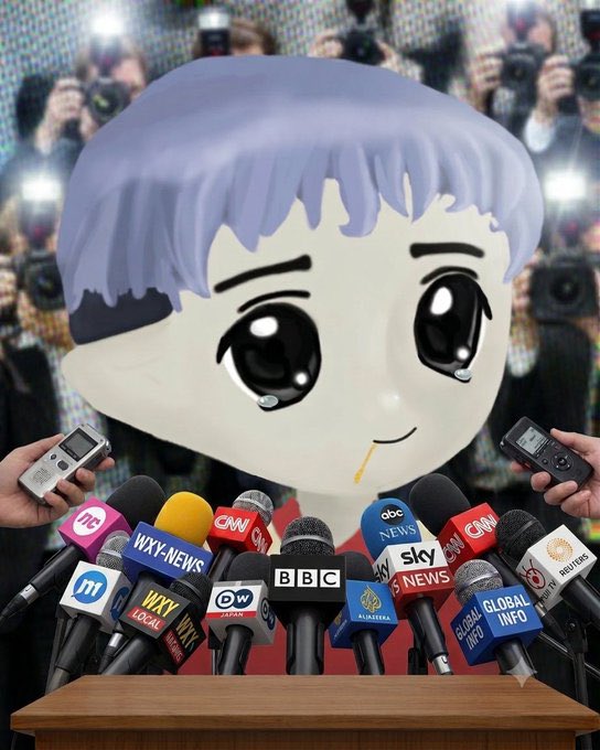 The image features a cartoon character sitting at a microphone, surrounded by multiple microphones of different colors - red, blue, yellow, and black. The cartoon character appears sad or distressed while looking into the camera. In the background, there are several people holding cameras, suggesting that they might be taking photos or recording videos of the event. The caption to the image reads "Happy to answer any and all questions regarding my experience so far with remilia corp milady $cult".