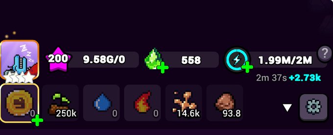 Mobile game HUD showing resources including 9.58G/0, 558 gems, 1.99M/2M energy (2m 37s +2.73k), and various inventory items like dirt, water, fire, and a character with '200' star currency.