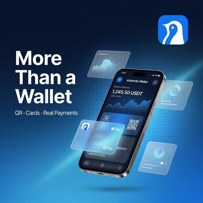 A smartphone displays the Antarctic Wallet app showing a balance of 1,245.50 USDT, accompanied by the tagline "More Than a Wallet" with features listed as "QR · Cards · Real Payments," visually representing the wallet's versatile crypto spending capabilities including virtual card support and QR payment options mentioned in the post.