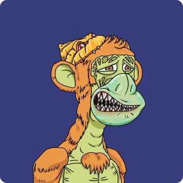 A digital illustration of a stylized orange and green monkey character with a wide, toothy grin and a patterned yellow cap against a purple background.