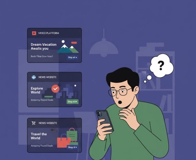 An illustration of a confused man with glasses holding a smartphone with a question mark thought bubble, alongside pop-up ads for a video platform ('Dream Vacation Awaits You') and news websites ('Explore World', 'Travel the World').