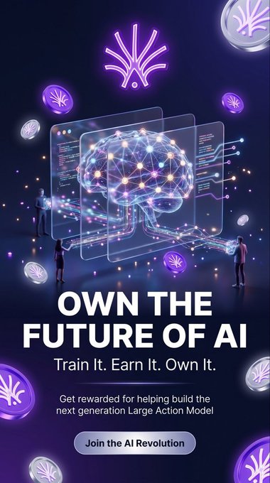 A digital advertisement with a glowing purple and blue brain graphic, displaying the text 'OWN THE FUTURE OF AI', 'Train It. Earn It. Own It.', and a 'Join the AI Revolution' button.