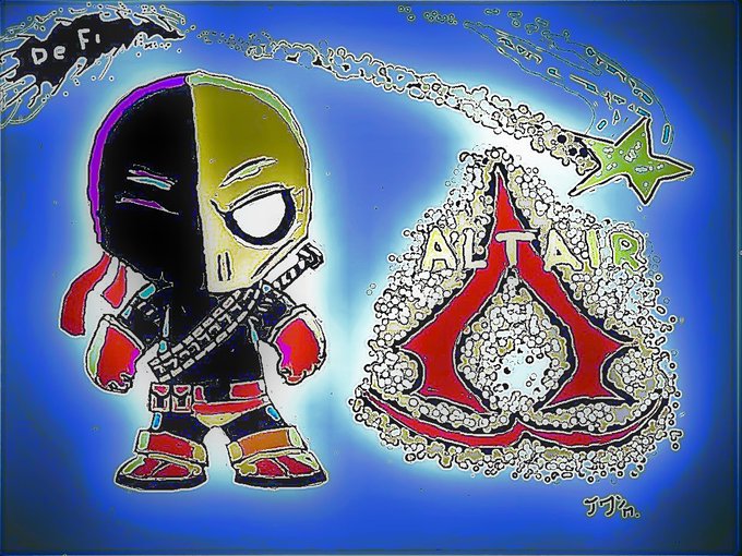 A vibrant, graffiti-style digital illustration features a masked ninja-like character wielding a katana on the left, alongside a red spade-shaped logo surrounded by bubble text reading "ALTAIR" and "AIR," with "DeFi" written in the upper left corner and "JPm" signed in the bottom right, visually representing the Altair DeFi token.