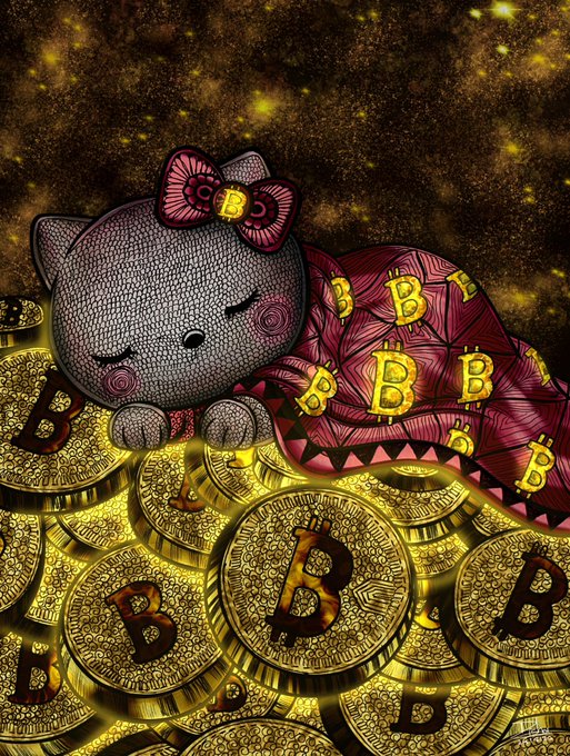 Digital artwork features a Hello Kitty-style character resting on a pile of gold Bitcoin coins against a sparkling dark background.