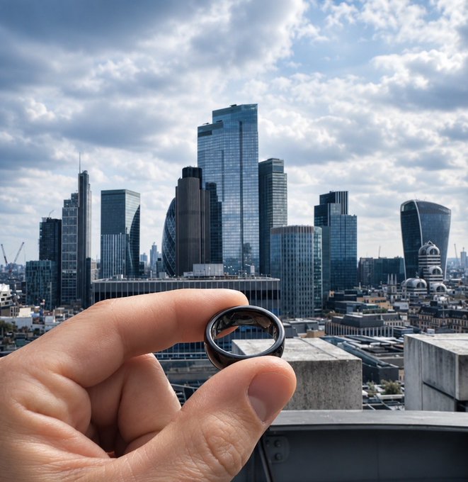 A hand holds up a small, sleek black ring-shaped Tangem wallet in front of the London skyline, which includes recognizable buildings like the Gherkin and 30 St Mary Axe, visually reinforcing the post's point that this compact crypto hardware wallet is an underrated self-custody option compared to larger competitors like Ledger, Trezor, and Coldcard.