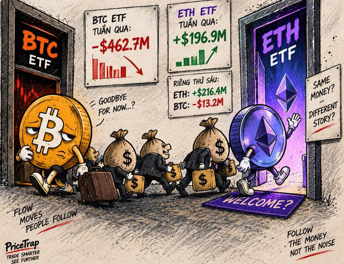 A cartoon illustration comparing BTC ETF and ETH ETF performance, showing BTC ETF outflows of -$462.7M while ETH ETF gained +$196.9M, with money bags moving toward the ETH door and text reading 'SAME MONEY? DIFFERENT STORY?' and 'FLOW MOVES PEOPLE FOLLOW'.