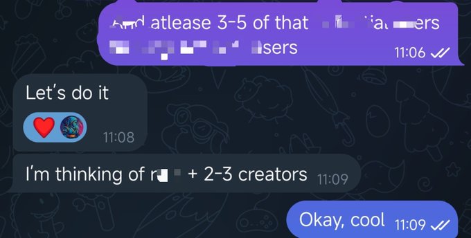 A Telegram chat conversation where users discuss releasing 3-5 content items, with one replying 'Let's do it' and another mentioning 'I'm thinking of r****** + 2-3 creators'.