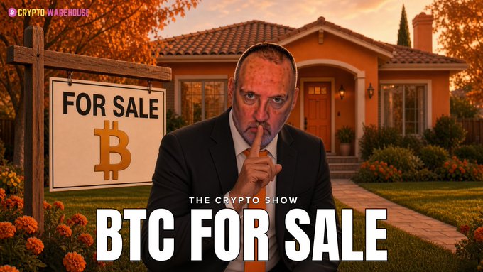 A "CRYPTO WAREHOUSE" thumbnail titled "BTC FOR SALE" featuring a man in a suit holding a finger to his lips, with a "FOR SALE" sign displaying a Bitcoin symbol next to a house.