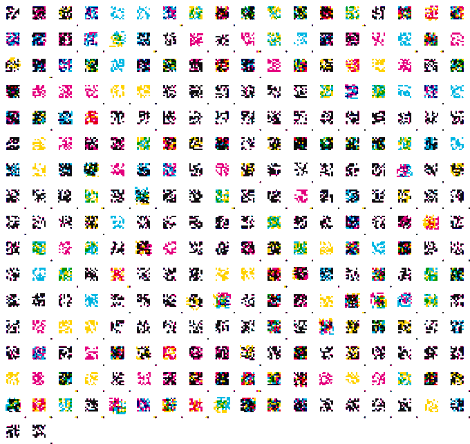 A grid of pixel art characters displays numerous colorful creature sprites arranged in rows on a white background.
