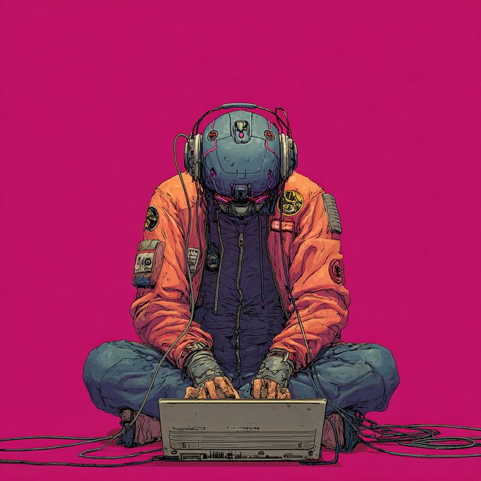 A digital illustration of a person in an orange jacket, blue pants, and a robotic headset sitting cross-legged while typing on a laptop against a bright pink background.