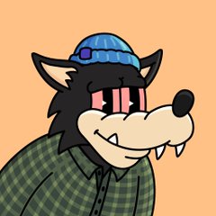 A simple 2D cartoon drawing of a black wolf or dog character with red eyes, wearing a blue beanie and a green plaid shirt against a plain tan background.