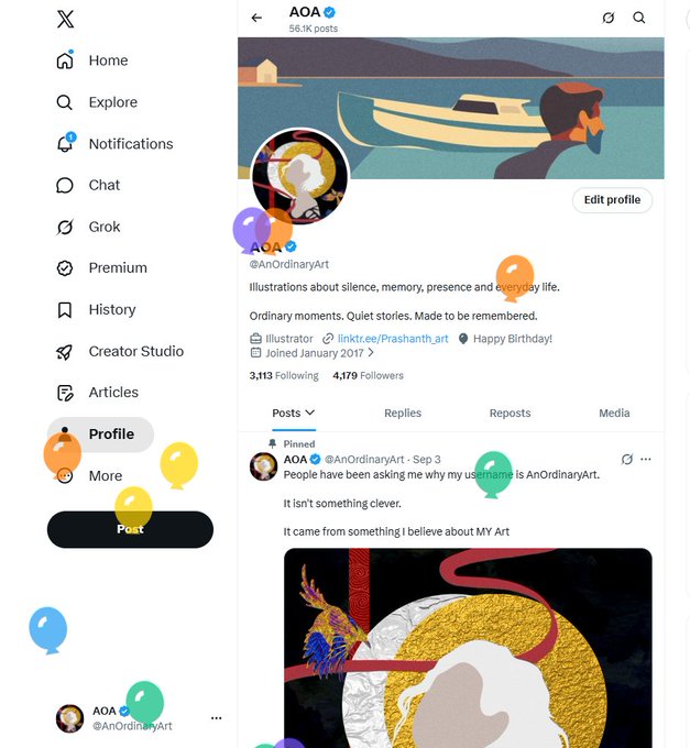 A screenshot of an X (Twitter) profile page for 'AOA @AnOrdinaryArt', an illustrator, with colorful balloons decorating the interface.