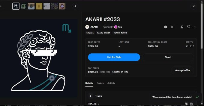 A screenshot of an NFT marketplace listing for 'AKARII #2033' displayed on a dark background, featuring a line-art illustration of a figure with laurel details and the Scorpio zodiac symbol, showing a best offer of $219.93 and a collection floor of $399.88.