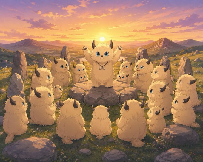 A whimsical illustration of fluffy, horned creatures gathered in a circle at sunset, with one standing on a stone platform in the center as if leading a ceremony.