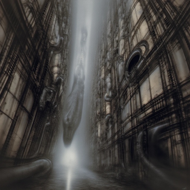 A dark, atmospheric illustration depicts a towering, gothic industrial structure with a glowing vertical shaft of light in the center, from which a large, shadowy, serpentine creature emerges.