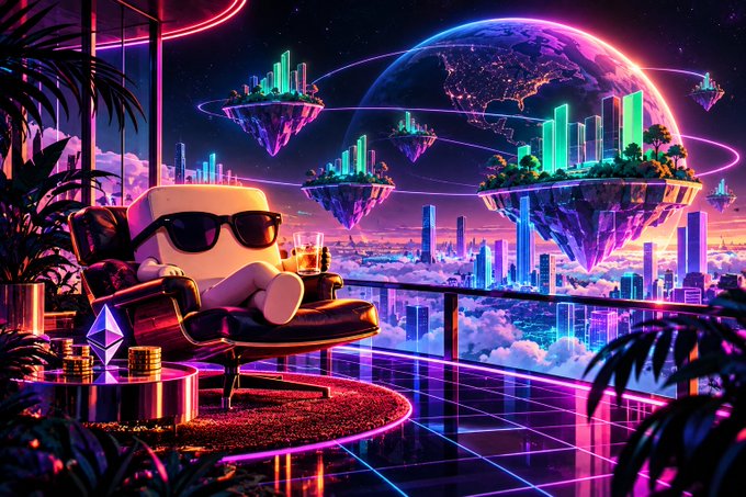 A vibrant digital art image depicting a character wearing sunglasses sitting in a lounge chair with a drink, overlooking floating islands with cities under a neon-lit sky with an Ethereum logo on a nearby table.