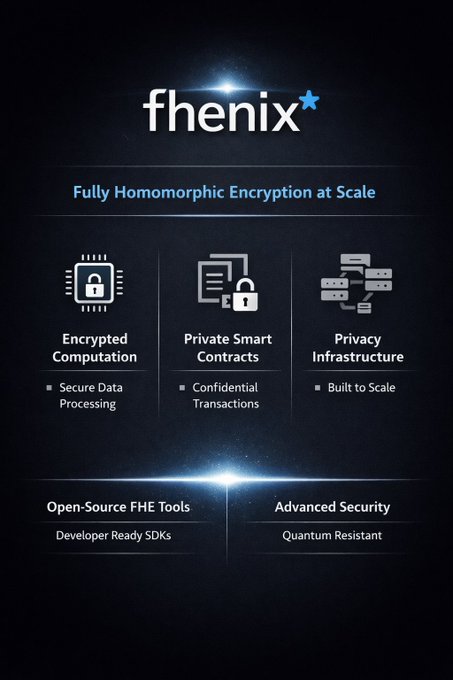 Dark-themed promotional graphic for 'fhenix' featuring the tagline 'Fully Homomorphic Encryption at Scale', with three pillars: Encrypted Computation, Private Smart Contracts, and Privacy Infrastructure.