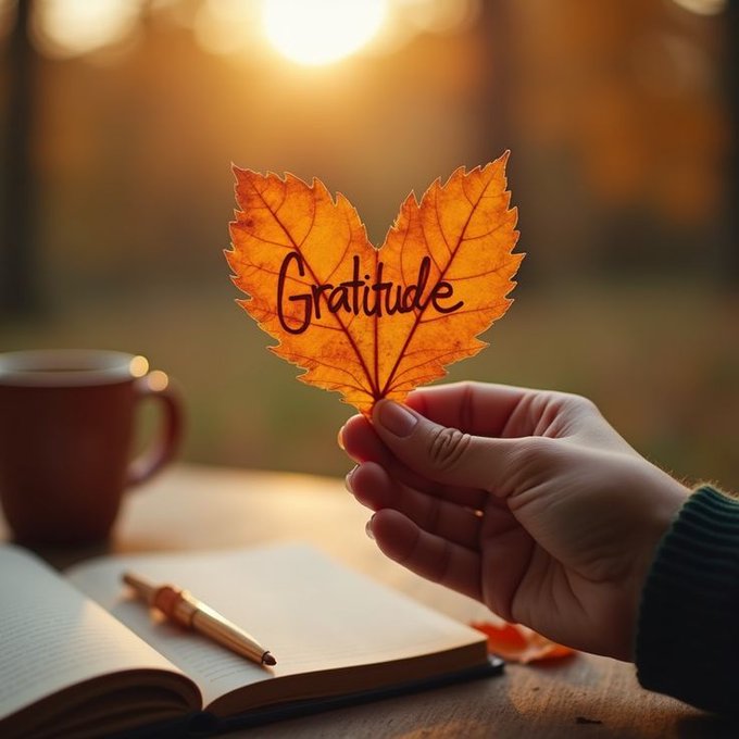 A hand holds up an orange autumn leaf with the word 'Gratitude' written on it, set against a warm sunset background with a coffee mug, pen, and open journal on a table.