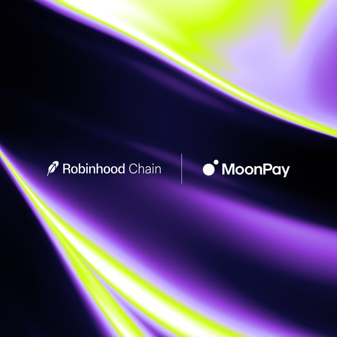 A promotional graphic with flowing purple and green light streaks displaying the 'Robinhood Chain' and 'MoonPay' logos separated by a vertical line.